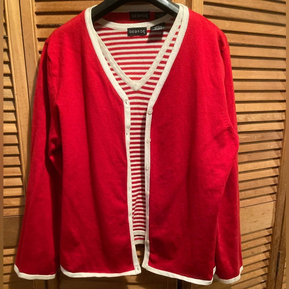 George Red & Off White Striped Cardigan Set